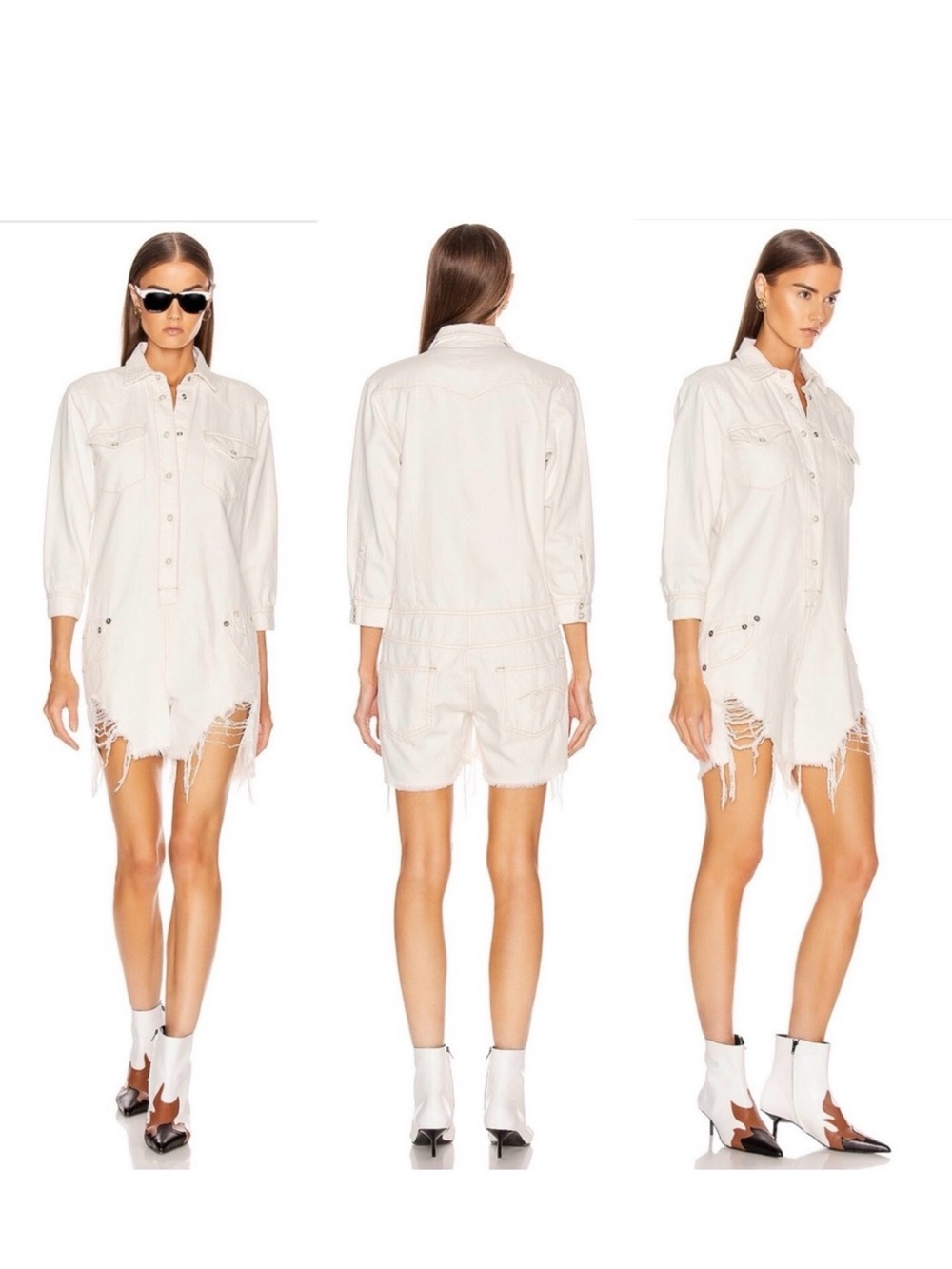 $625 R13 Cream White Cowboy Romper 100% Cotton Jean Denim Jumpsuit S
